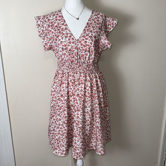 SHEIN M White Pink Rose Floral Faux Wrap Flutter Sleeve A-Line Dress - Picture 7 of 14